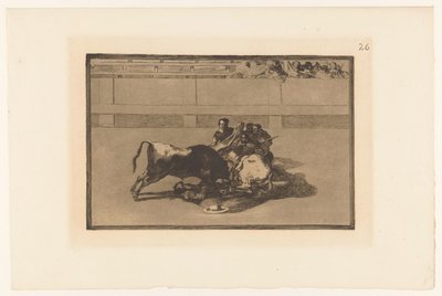 Picador spadł z konia Caida de un picador de su caballo debajo del toro Walki byków (tytuł serii) La Taureaumachie (tytuł serii) La Tauromaquia (tytuł serii) autorstwa Francisco de Goya