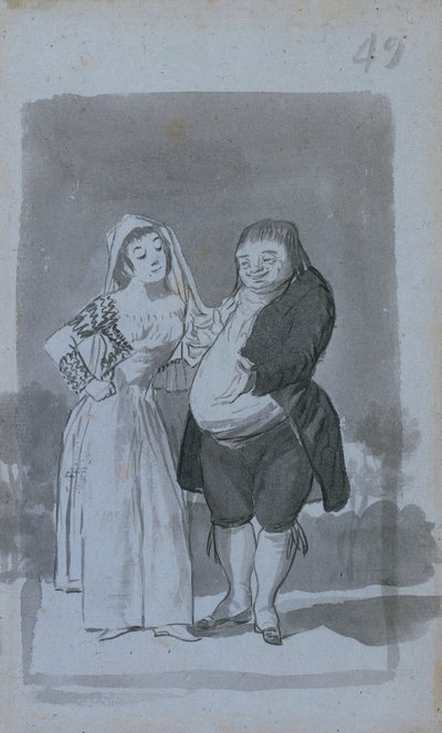 Prostytutka namawiająca grubego, brzydkiego mężczyznę prosto, 1796-97. autorstwa Francisco de Goya