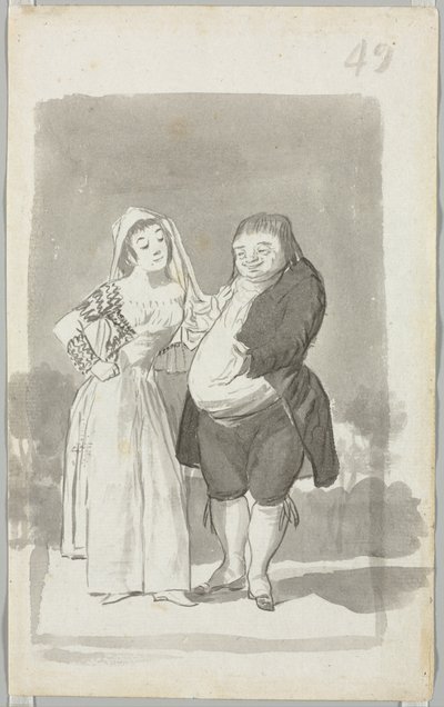 Prostytutka namawiająca grubego, brzydkiego mężczyznę prosto, młoda kobieta załamująca ręce... verso, 1796-97. autorstwa Francisco de Goya