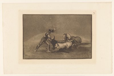 Spanse rider doodt een stier Hiszpański rycerz zabija byka po utracie konia Stierengevechten (tytuł serii) La Taureamachie (tytuł serii) Walka byków (tytuł serii) autorstwa Francisco de Goya
