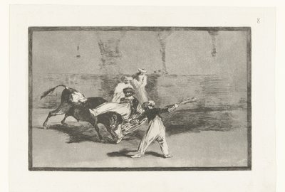 Byk zostaje złapany przez torreadorów Cogida de un Moro estando en la plaza Walka byków (tytuł serii) La Tauromaquia (tytuł serii) autorstwa Francisco de Goya