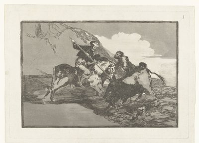 Stierenjacht te paard Jak starożytni Hiszpanie polowali na byki na koniach w polu Stierenvechten (tytuł serii) Walka byków (tytuł serii) autorstwa Francisco de Goya