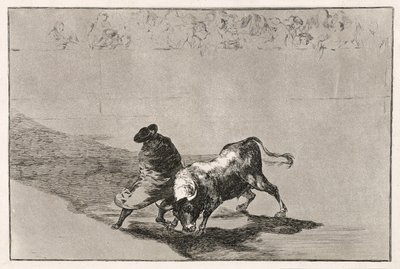 Sprytny uczeń Falcesa rozwściecza byka poruszając się owinięty płaszczem, 1814-16 autorstwa Francisco de Goya