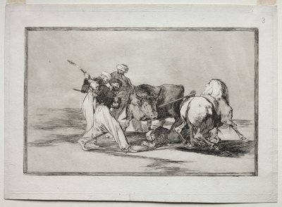 Maurowie osiedlili się w Hiszpanii, porzucili przesądy Koranu, przyjęli tę sztukę polowania i włóczyli byka na otwartej przestrzeni autorstwa Francisco de Goya