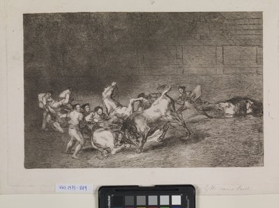 Dwie drużyny pikadorów są jeden po drugim przewracane przez jednego byka autorstwa Francisco de Goya