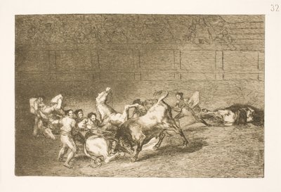 Dwie drużyny pikadorów są jeden po drugim przewracane przez jednego byka autorstwa Francisco de Goya