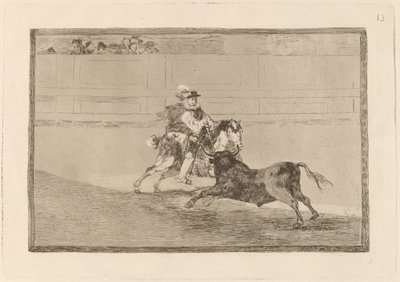 Un caballero espanol en plaza quebrando rejoncillos sin auxilio de los chulos (hiszpański rycerz na ringu łamiący krótkie włócznie bez pomocy asystentów) autorstwa Francisco de Goya