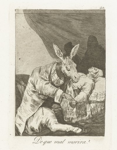 Na co umrze? Que mal morira? (tytuł na obiekcie) Los Caprichos (tytuł serii) autorstwa Francisco de Goya
