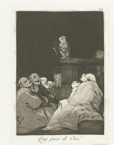 Co za złoty dziób! Que pico de oro! (tytuł na obiekcie) Los Caprichos (tytuł serii) autorstwa Francisco de Goya