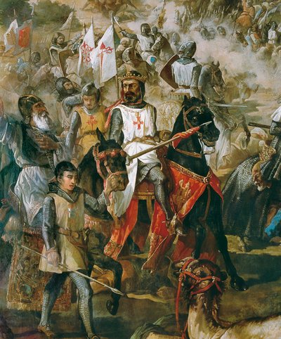 Reconquest of Spain: Bitwa pod Las Navas de Tolosa 16.07.1212 pomiędzy armią chrześcijańską a armią mauretańską. Szczegół przedstawiający króla Alfonsa VIII. Obraz Francisco de Paula Van Halen (1810-1887). 1864.Madryt. Pałac Senatu. autorstwa Francisco de Paula van Halen