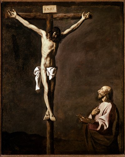Ukrzyżowanie i malarz Autoportret artysty w roli św. Łukasza u stóp krzyża. Obraz Francisco de Zurbarana (1598-1664) 1635-1640 Wym. 105x84 cm Madryt, Muzeum Prado autorstwa Francisco de Zurbaran