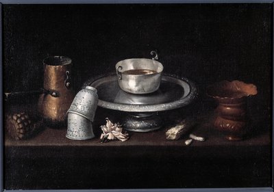 Martwa natura czekoladowe śniadanie z filiżanką czekolady, filiżankami. Obraz Francisco de Zurbarana (1598-1664). Besancon z XVII wieku, Muzeum Sztuk Pięknych autorstwa Francisco de Zurbaran