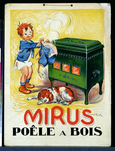 Reklama pieca opalanego drewnem „Mirus” (kolor lito) autorstwa Francisque Poulbot