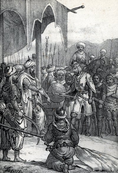 Siódma krucjata: król Ludwik IX został wzięty do niewoli w bitwie pod Fariskur 6 kwietnia 1250 r. (Siódma krucjata: król Ludwik IX jeniec w bitwie pod Fariskur, 6 kwietnia 1250 r.) Rysunek z „Misteri del Watykan” Franco Mistrali autorstwa Franco Mistrali