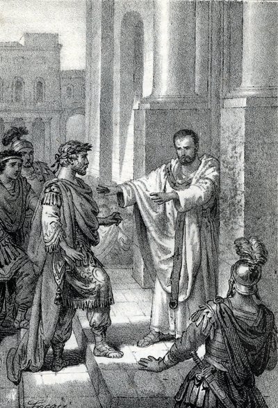 Arcybiskup św. Ambroży z Mediolanu (Aureliusz Ambrosius, Ambrogio di Milano (340-397) zakazał wstępu do kościoła rzymskiemu cesarzowi Teodozjuszowi I (Flawiuszowi Teodozjuszowi) (347-395), aby ukarać go za masakrę w Tesalonice w 390 r. - ekskomunika autorstwa Franco Mistrali