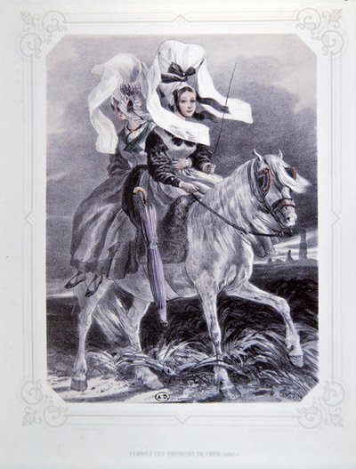Kobiety z regionu Caen w Normandii, z „La Normandie Illustree”, sztychowane przez Charpentiera, opublikowane w Nantes 1852 (kolor litho) autorstwa Francois Hippolyte (after) Lalaisse