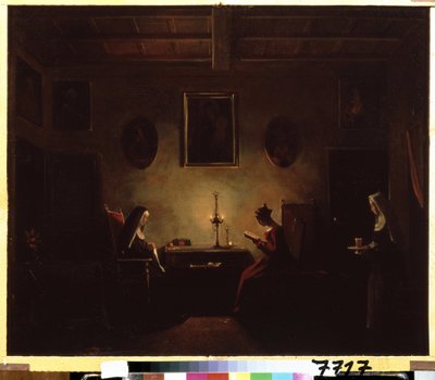 "Wnętrze" Scena w klasztorze, młoda dziewczyna czyta przy świecach, w pokoju są dwie zakonnice. Obraz Francois Mariusa Graneta (1775-1849) XIX-wieczne Muzeum Puszkina, Moskwa autorstwa Francois Marius Granet