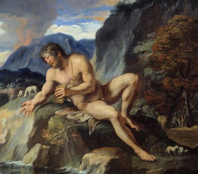 Polifem cyklopa z fletem Pan, fragment „”Acis i Galatee””” Nimfę Galatee i Acis obserwuje Cyklop Polifem, zazdrosny o ich idylliczną miłość. Według „Metamorfoz” Owidiusza. Obraz Francois Perrier (1590-1650) XVII w autorstwa Francois Perrier
