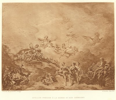Apollo przewodniczy tańcowi i pieśniom (rycina) autorstwa Francois (after) Boucher