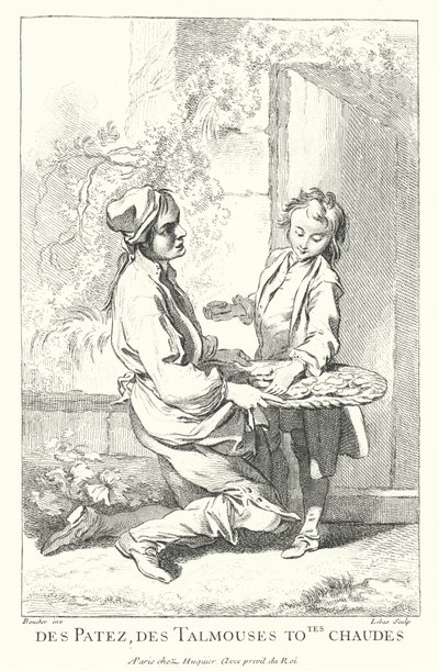 Sprzedawca ciast (grawerunek) autorstwa Francois (after) Boucher
