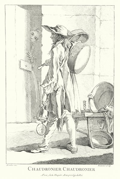 Sprzedawca garnków i patelni (grawerowanie) autorstwa Francois (after) Boucher