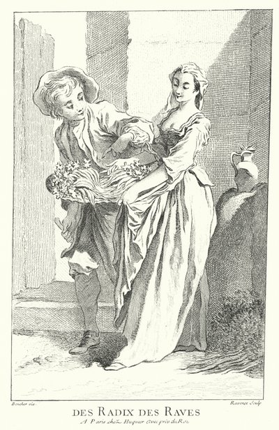 Sprzedawca rzodkiewki i rzepy (grawerowanie) autorstwa Francois (after) Boucher