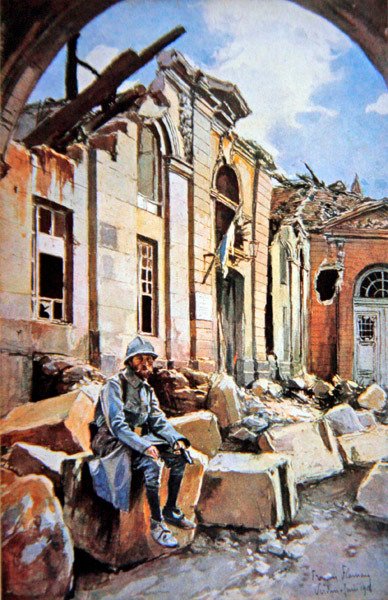 Bitwa pod Verdun: Dziedziniec zrujnowanego Pałacu Biskupiego autorstwa Francois (after) Flameng