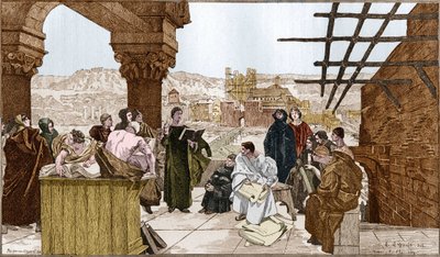 Pierre Abelard lub Abailard (1079-1142), francuski filozof i teolog i jego szkoła na górze Sainte Genevieve. Z fresku Francois Flameng. autorstwa Francois (after) Flameng