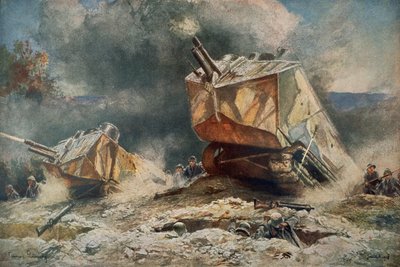 I wojna światowa francuski czołg typu St Chamond nacierający na pozycje niemieckie autorstwa Francois (after) Flameng