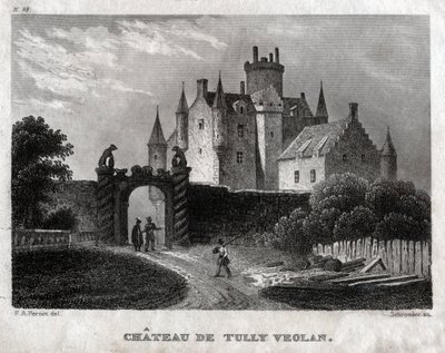 Zamek Craighalla. (Grawerowanie, ok. 1830) autorstwa Francois Alexandre (after) Pernot