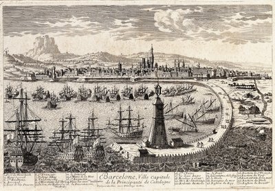 Widok na miasto i port w Barcelonie w XVIII wieku. Grawerowanie autorstwa Francois Antoine Aveline Barcelona, Museu d