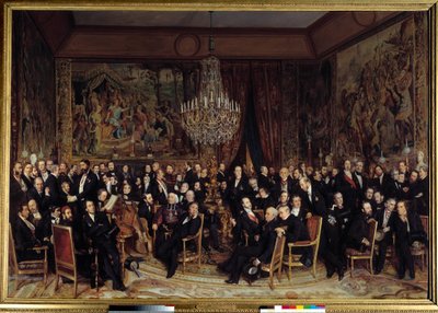 Wieczór w Luwrze z hrabią Nieuwerkerke Wśród prezentów: Francois Marcellin Certain de Canrobert (1809-1895), Eugene Delacroix (1798-1863), Camille Doucet (1812-1895), Jacques Fromental Levy dit Halevy (1799-1862) , baron Georges Haussmann ( autorstwa François Auguste Biard