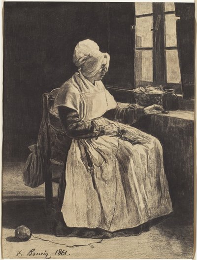 Kobieta robi na drutach autorstwa François Bonvin