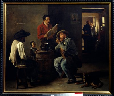 Wnętrze kabaretu Dwóch mężczyzn siedzących w tawernie słucha czytania gazety. Obraz Francois Bonvin (1817-1887) 1859 Arras, Musee des Beaux Arts. autorstwa François Bonvin