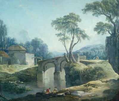 Zalesiony pejzaż z mostem nad rzeką (olej na płótnie) autorstwa François Boucher