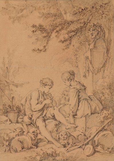 Młody pasterz grający na flecie dla dwóch młodych pasterzyń autorstwa François Boucher