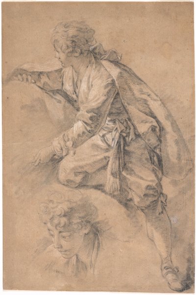 Młody człowiek klęczący na jednym kolanie, z obiema rękami wyciągniętymi autorstwa François Boucher