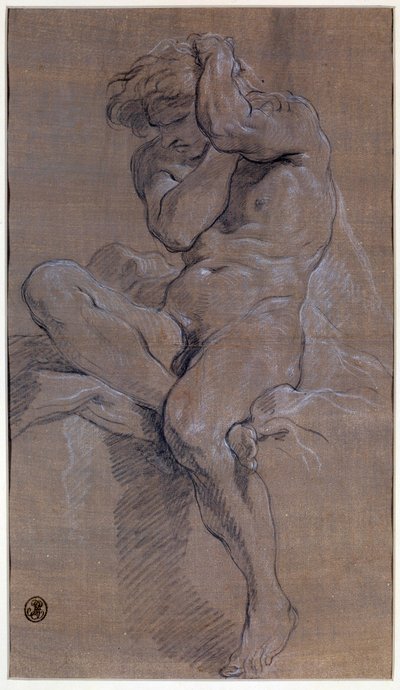 Akademia siedzącego nagiego mężczyzny Rysunek czerwoną krwią, Francois Boucher (1703-1770) XVIII-wieczny Paryż, Luwr autorstwa François Boucher