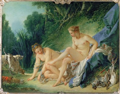 Diane au bain - Diana kąpiąca się po polowaniu. Sierp księżyca w jej włosach jest symbolem wody, księżyca ... autorstwa François Boucher