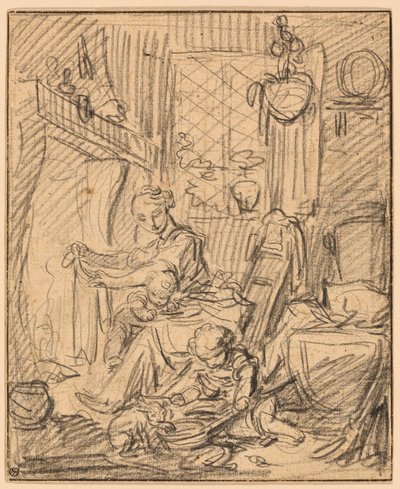 Scena domowa: Matka z dwójką małych dzieci przed kominkiem autorstwa François Boucher