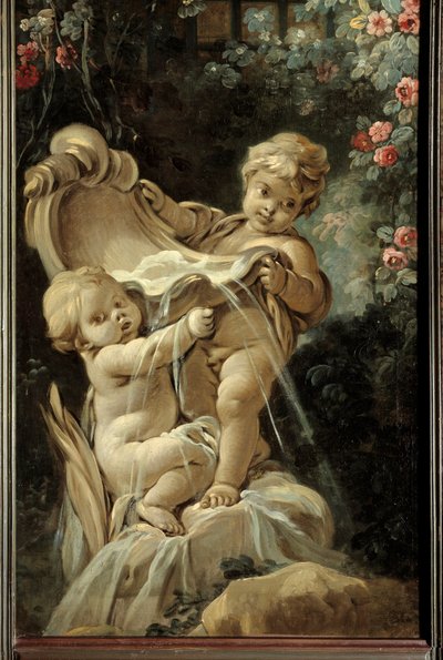 Panel drzwiowy salonu Demarteau: fontanna z dwiema miłościami, z których jedna klęczy. Obraz Francois Bouchera (1703-1770) autorstwa François Boucher