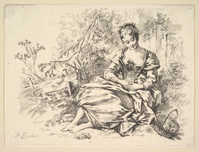 Dziewczyna w pejzażu z koszykiem kwiatów autorstwa François Boucher