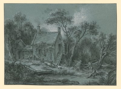 Dom ze schodami pośród drzew, a przed nim wędkarz autorstwa François Boucher