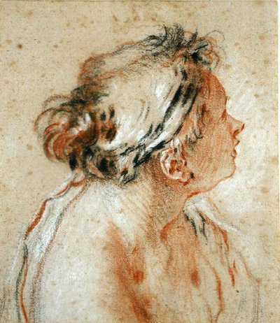 Głowa nimfy (czarna, biała i czerwona kreda na jasnobrązowym papierze) autorstwa François Boucher