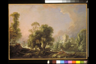 Idylliczny pejzaż z kobietą łowiącą ryby (olej na płótnie) autorstwa François Boucher