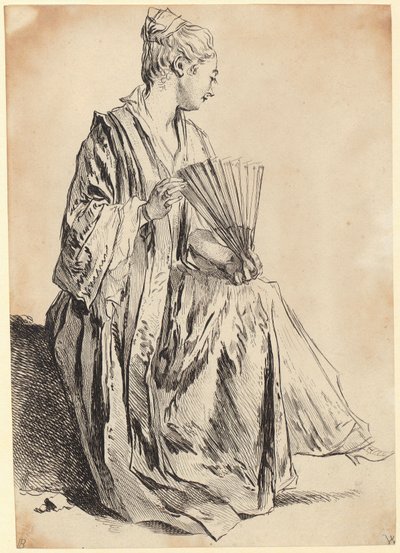 Młoda kobieta siedząca i bawiąca się wachlarzem autorstwa François Boucher