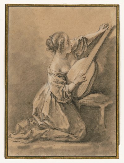 Klęcząca młoda kobieta strojąca lutnię autorstwa François Boucher