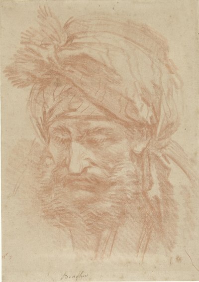 Głowa brodatego mężczyzny z Bliskiego Wschodu w turbanie, widziana z przodu, spoglądająca w dół autorstwa François Boucher