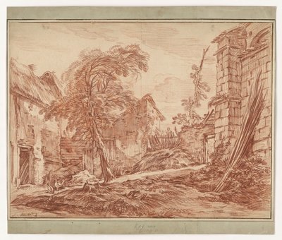 Wiejski krajobraz z gospodarstwem i ruinami autorstwa François Boucher