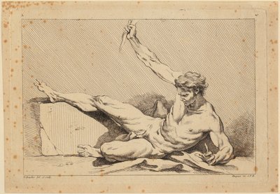 „Leżąca naga postać męska, arkusz 10 z »Second livre de figures d’Académies [...]«, wygrawerowany częściowo przez profesorów Królewskiej Akademii” autorstwa François Boucher